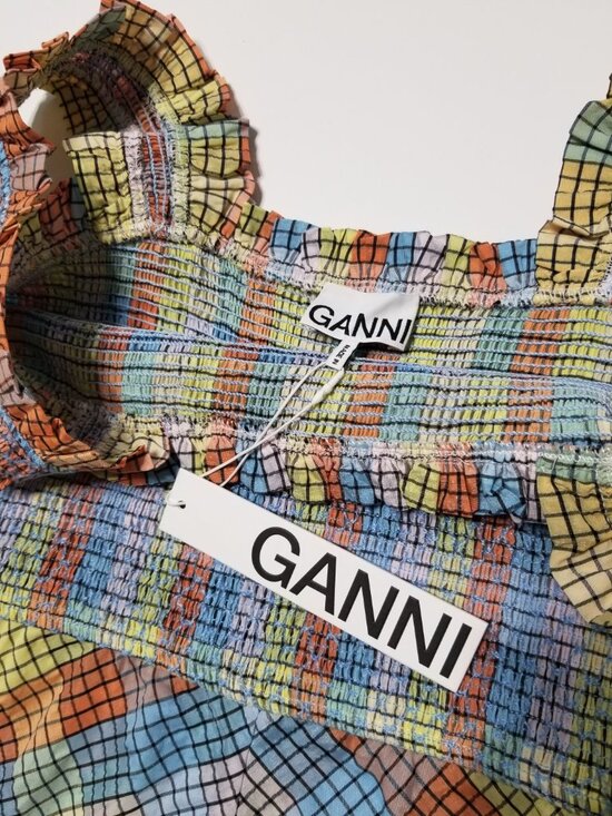 🌈NWT GANNI Multi-Color Seersucker Check Smocked Long Dress Size EU 38, 40 $285 - Picture 10 of 16